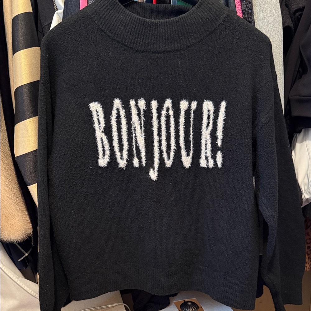 a new day Black Sweater with White 'BONJOUR!' Text